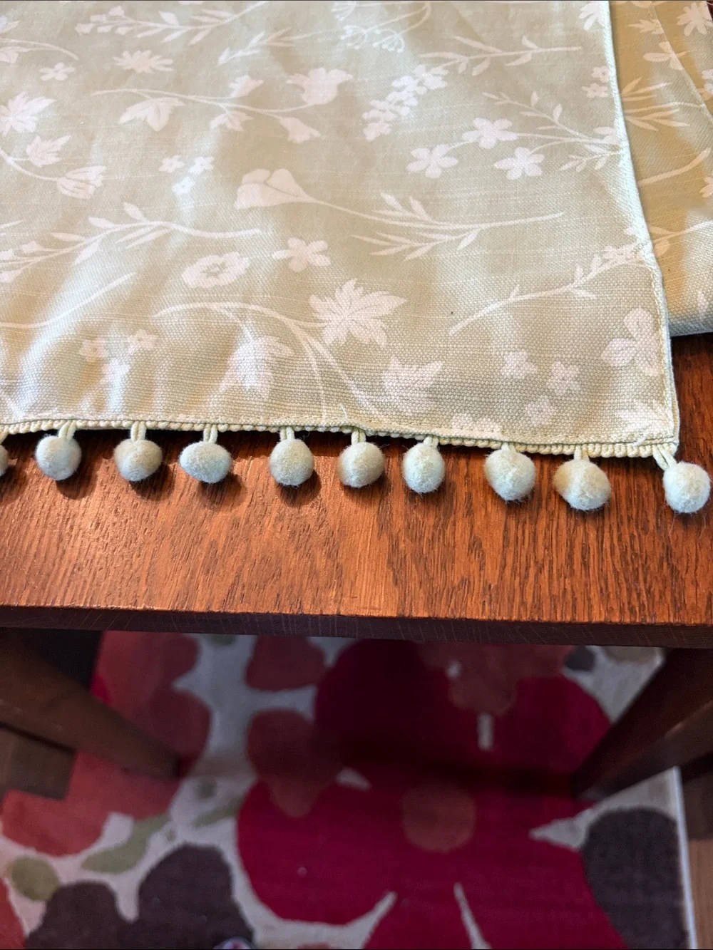 Green Floral Jacquard Table Runner with Pom Trim